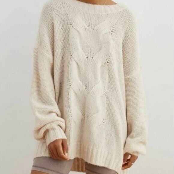 Aerie Oversized Sweater Womens M Cream Cable Knit Slouchy Cozy Boho Soft Girl - Picture 1 of 8